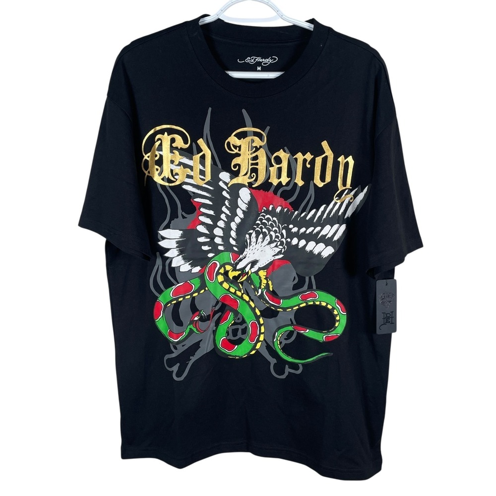 New Ed Hardy Eagle Snake Tattoo Graphic T Shirt Mens M Black Gold Print Crewneck